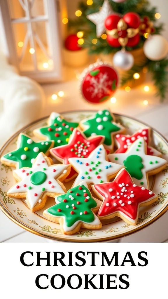 A plate of decorated 4x4 Christmas cookies in festive shapes, surrounded by holiday decorations.